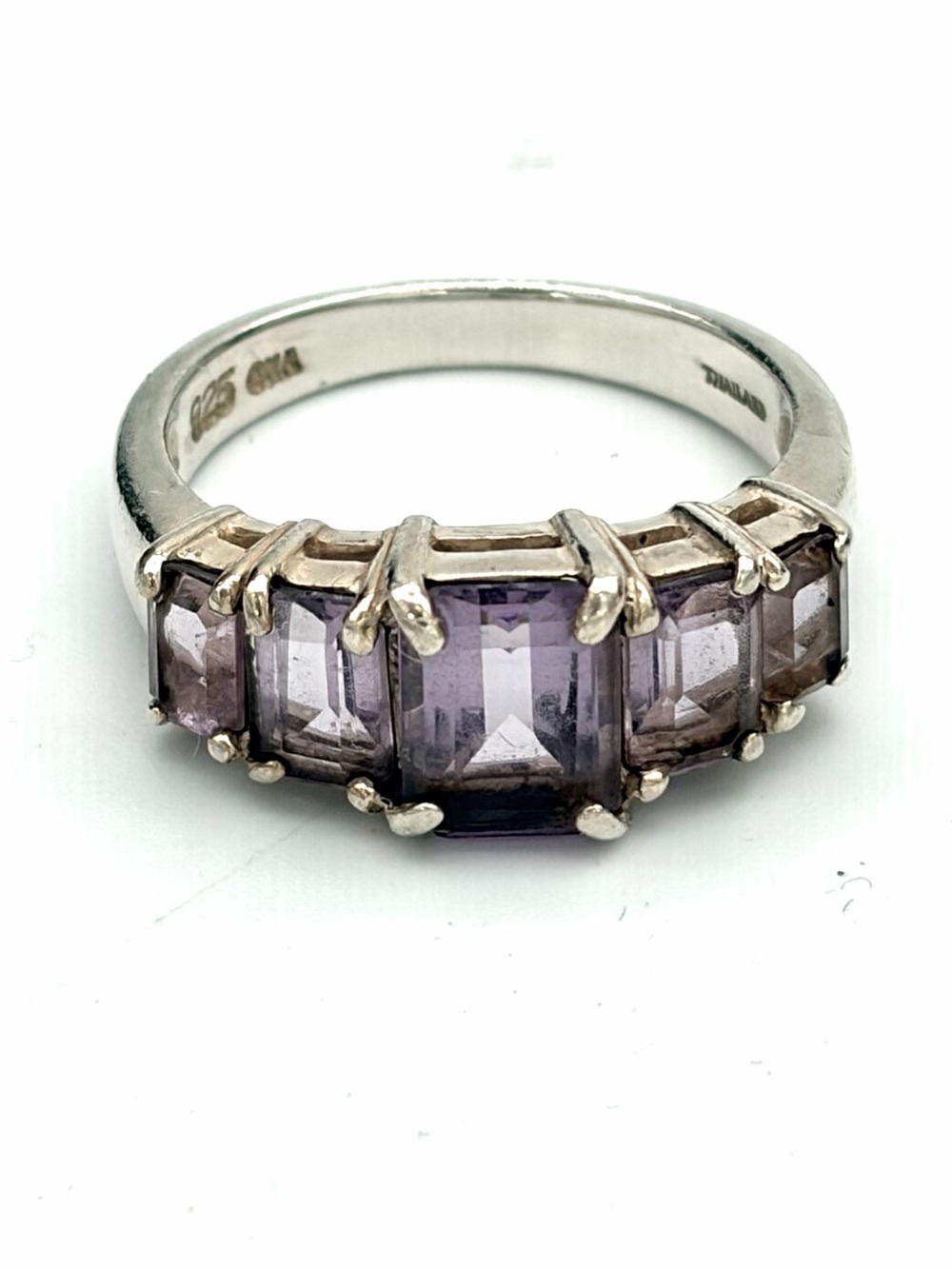 Natural Amethyst Five-Stone Ring - Emerald Cut- Sterling Silver Purple Cocktail